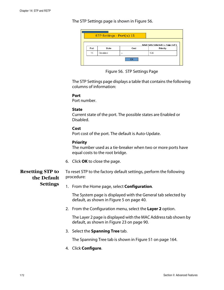 Resetting stp to the default settings | Allied Telesis AT-S63 User Manual | Page 172 / 388