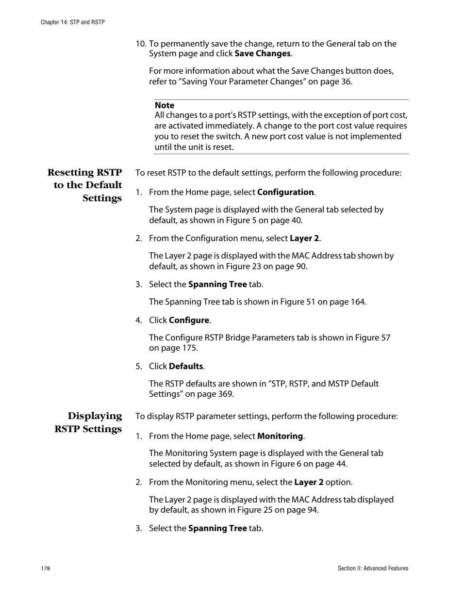 Resetting rstp to the default settings, Displaying rstp settings | Allied Telesis AT-S63 User Manual | Page 178 / 388
