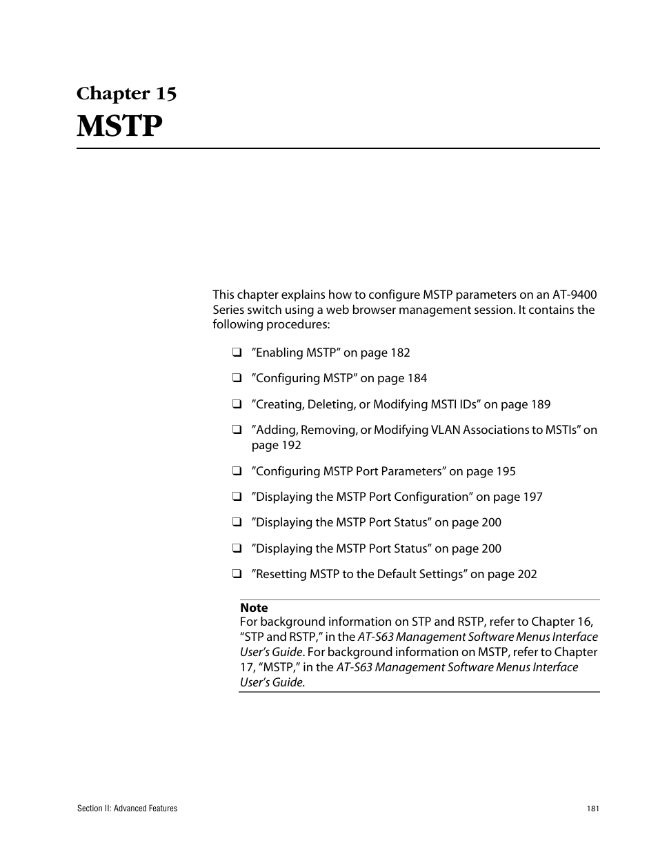Chapter 15, Mstp, Chapter 15 mstp | Allied Telesis AT-S63 User Manual | Page 181 / 388
