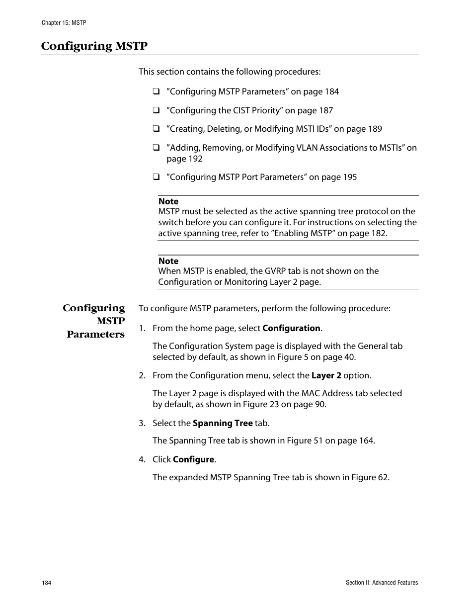 Configuring mstp, Configuring mstp parameters | Allied Telesis AT-S63 User Manual | Page 184 / 388
