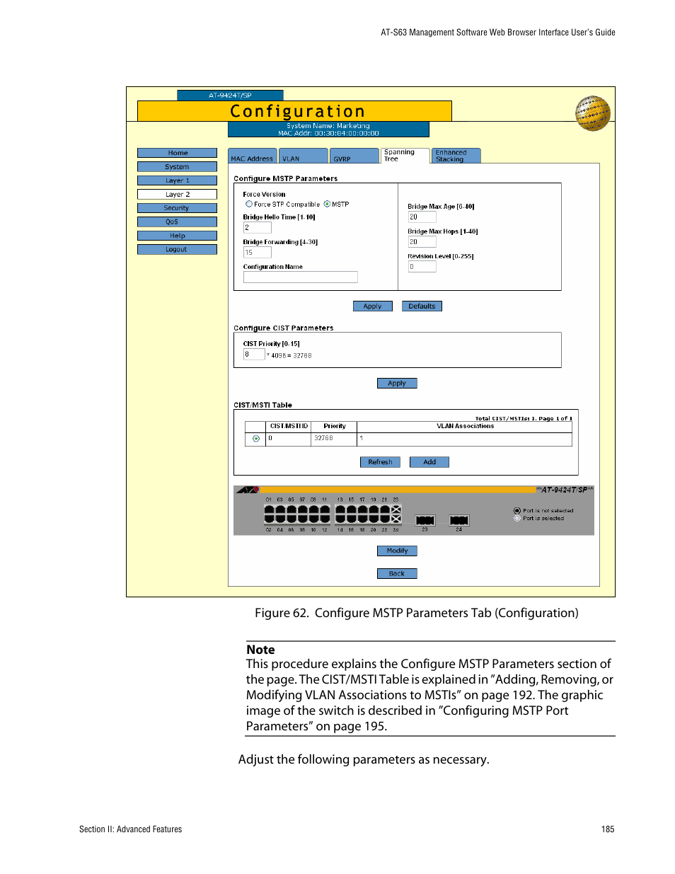E tab is shown in figure 62 | Allied Telesis AT-S63 User Manual | Page 185 / 388