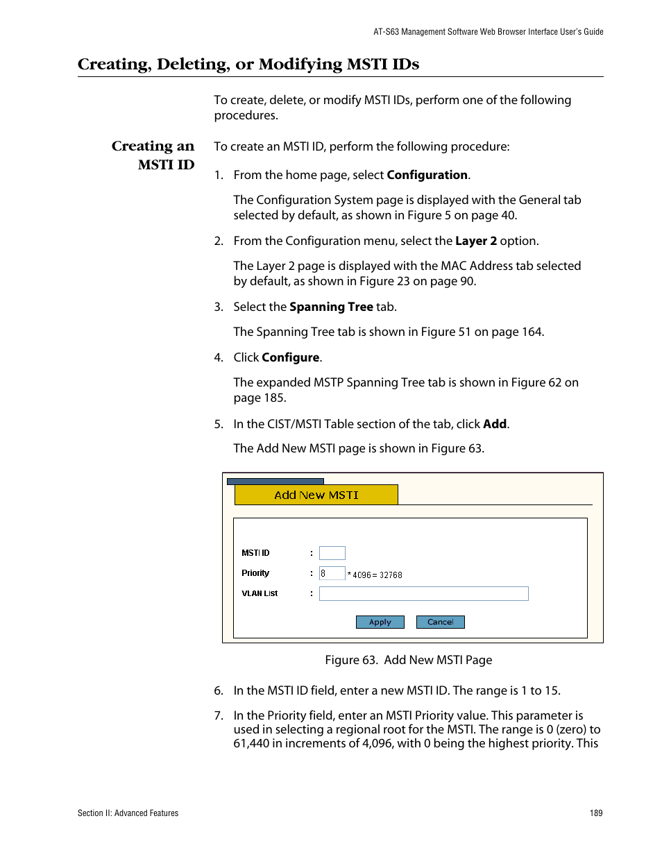 Creating, deleting, or modifying msti ids, Creating an msti id | Allied Telesis AT-S63 User Manual | Page 189 / 388
