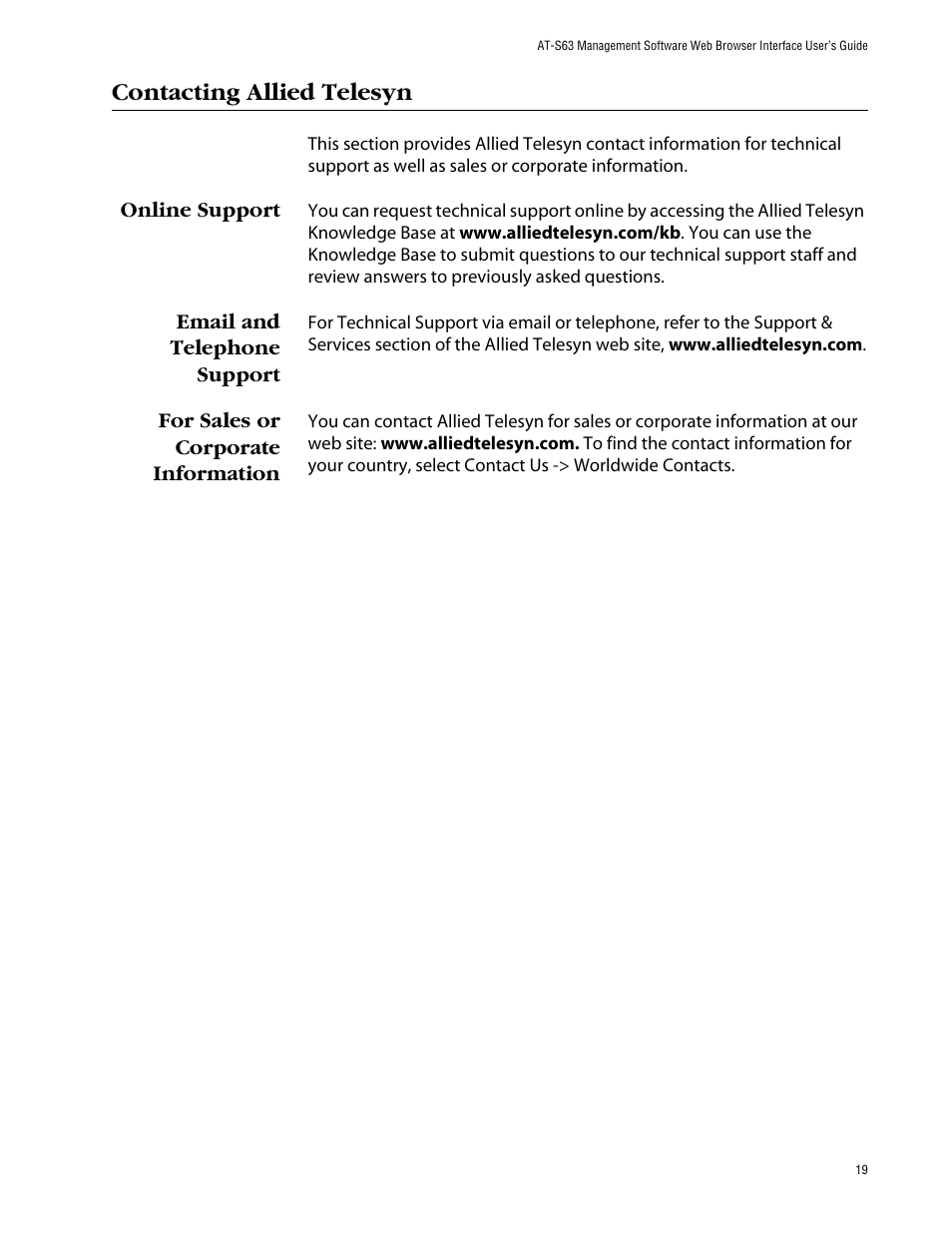 Contacting allied telesyn, Online support, Email and telephone support | For sales or corporate information | Allied Telesis AT-S63 User Manual | Page 19 / 388