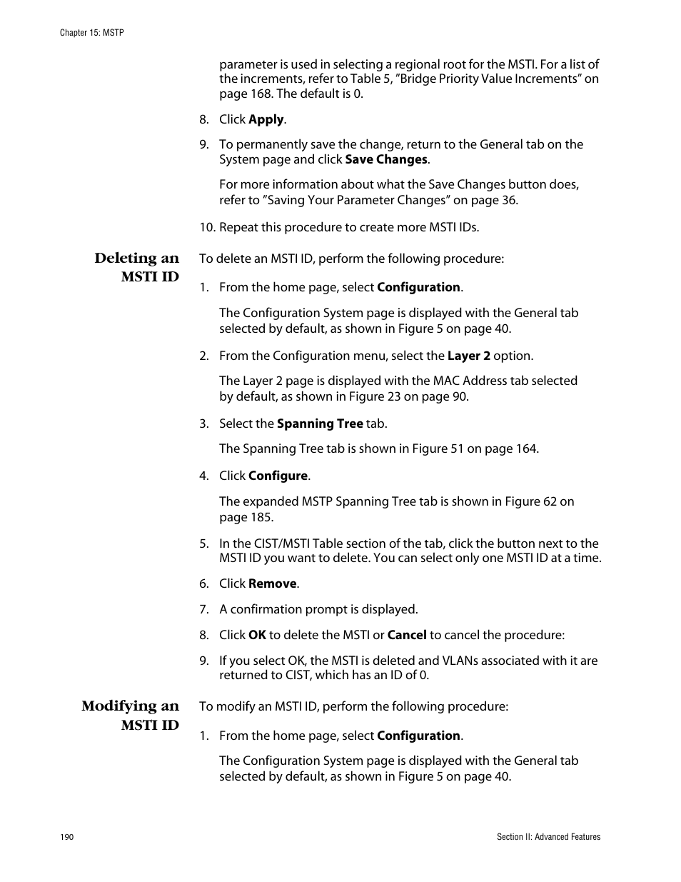 Deleting an msti id, Modifying an msti id, Deleting an msti id modifying an msti id | Allied Telesis AT-S63 User Manual | Page 190 / 388