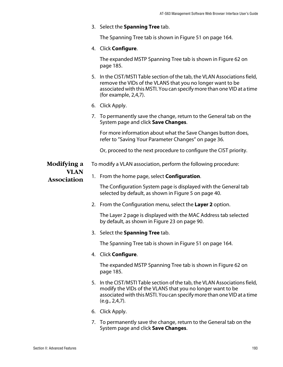 Modifying a vlan association | Allied Telesis AT-S63 User Manual | Page 193 / 388