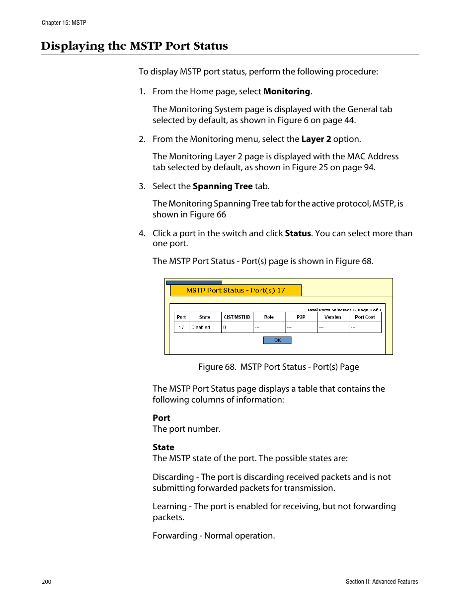Displaying the mstp port status | Allied Telesis AT-S63 User Manual | Page 200 / 388
