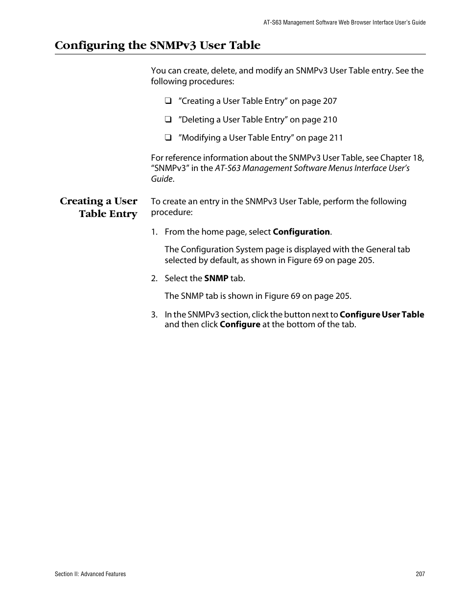 Configuring the snmpv3 user table, Creating a user table entry | Allied Telesis AT-S63 User Manual | Page 207 / 388