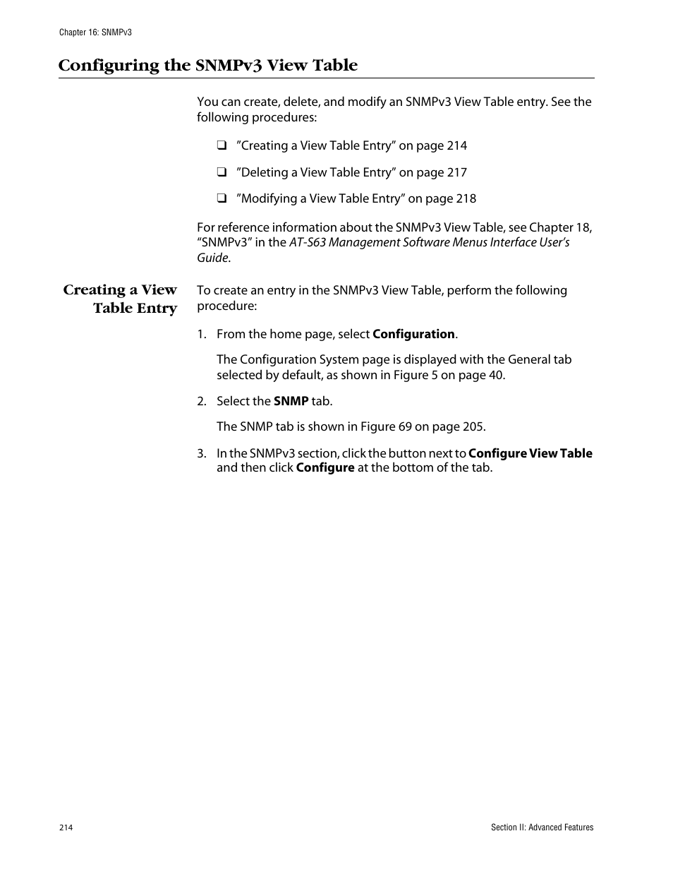 Configuring the snmpv3 view table, Creating a view table entry | Allied Telesis AT-S63 User Manual | Page 214 / 388