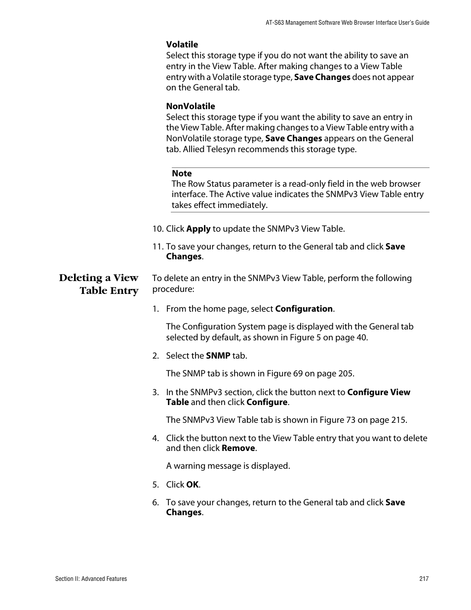 Deleting a view table entry | Allied Telesis AT-S63 User Manual | Page 217 / 388