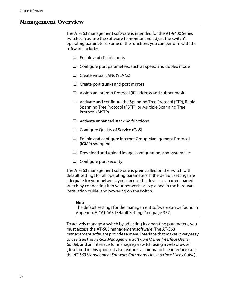 Management overview | Allied Telesis AT-S63 User Manual | Page 22 / 388