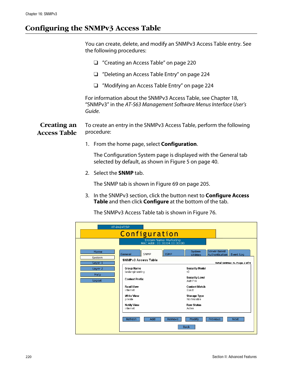 Configuring the snmpv3 access table, Creating an access table | Allied Telesis AT-S63 User Manual | Page 220 / 388