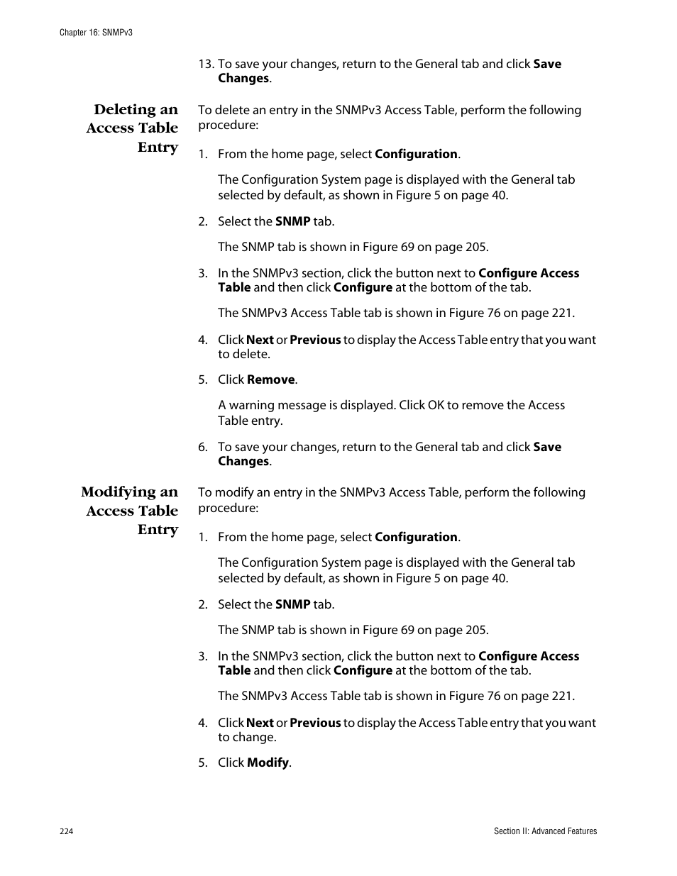 Deleting an access table entry, Modifying an access table entry | Allied Telesis AT-S63 User Manual | Page 224 / 388