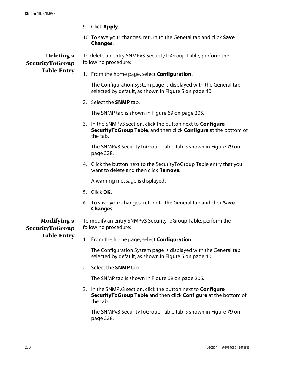 Deleting a securitytogroup table entry, Modifying a securitytogroup table entry | Allied Telesis AT-S63 User Manual | Page 230 / 388