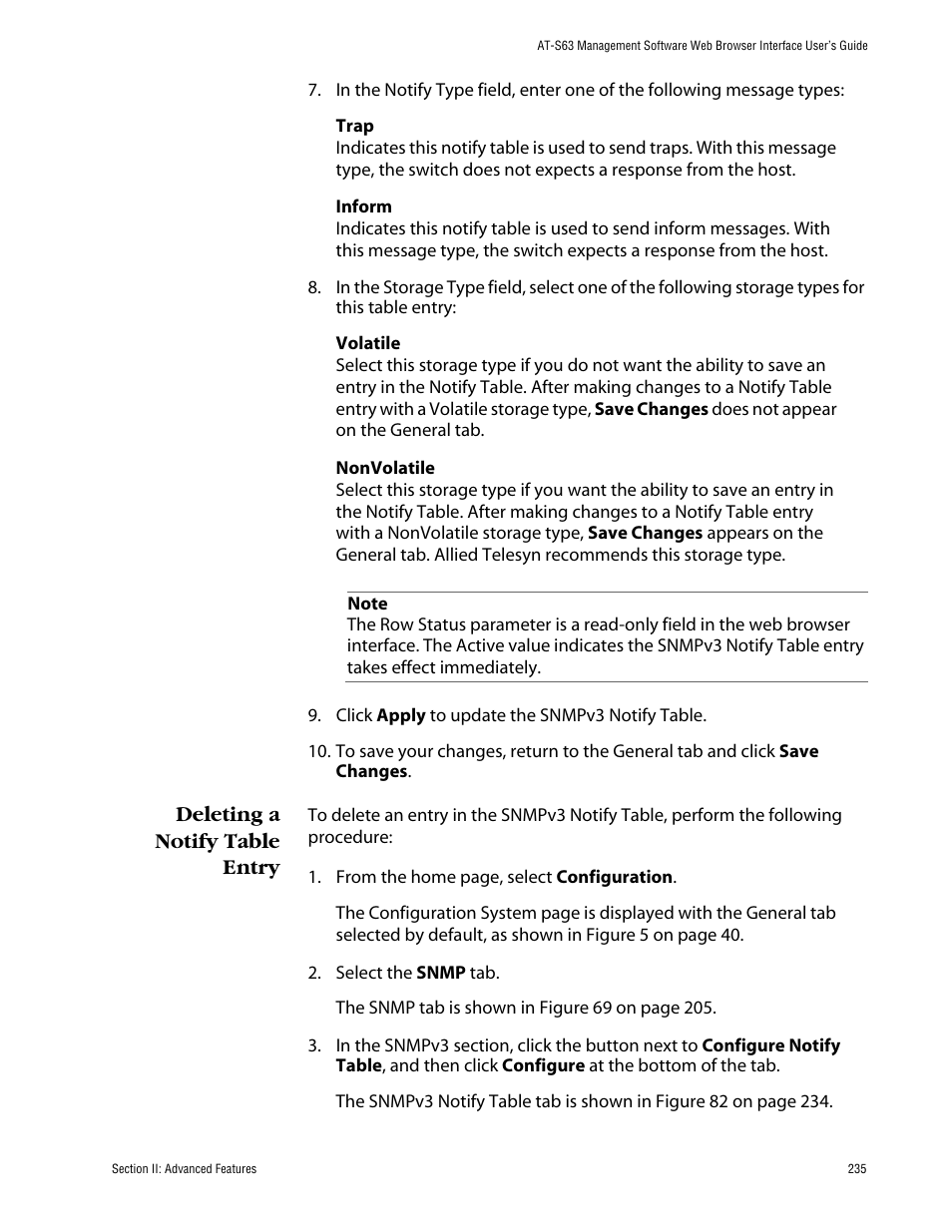 Deleting a notify table entry | Allied Telesis AT-S63 User Manual | Page 235 / 388