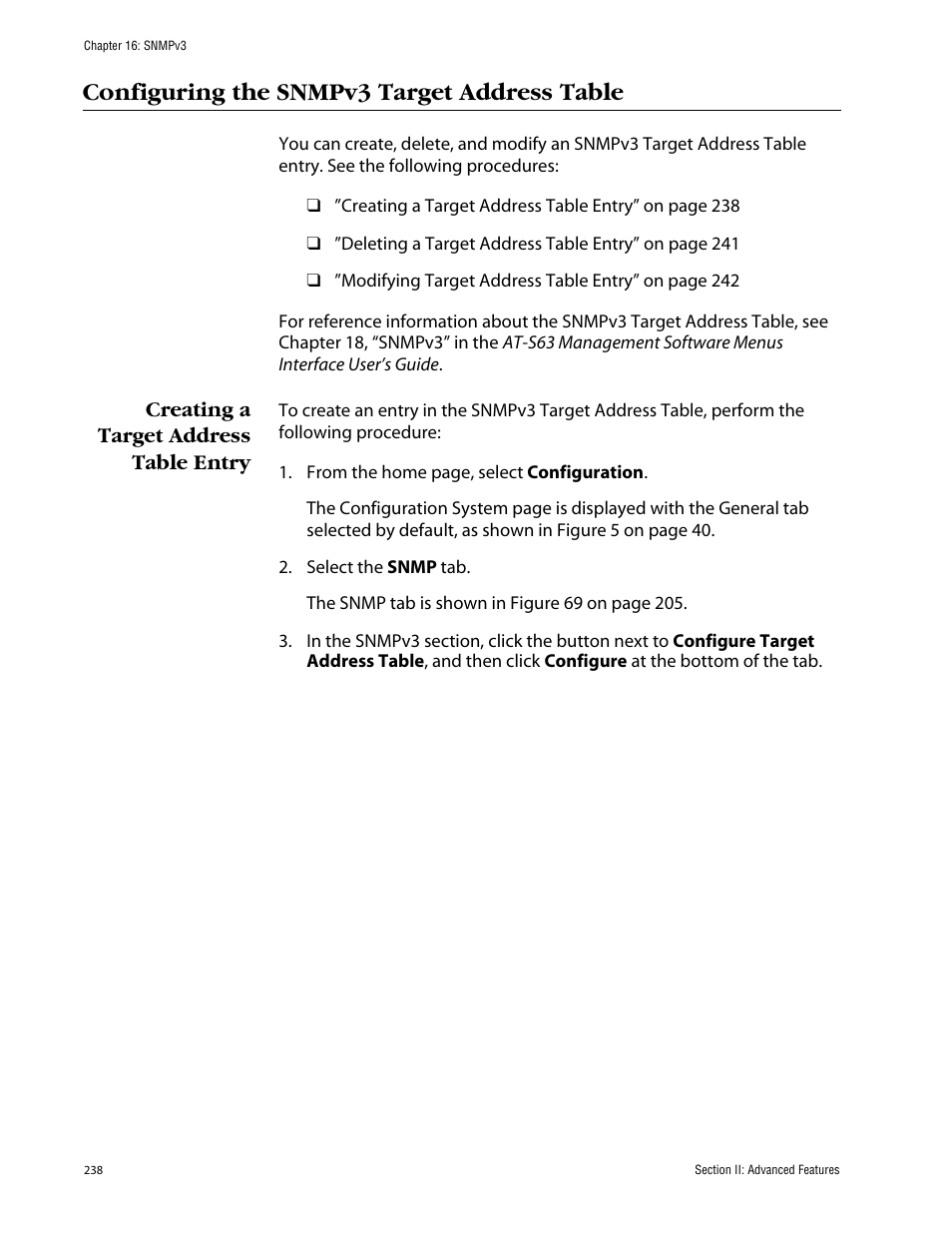 Configuring the snmpv3 target address table, Creating a target address table entry | Allied Telesis AT-S63 User Manual | Page 238 / 388