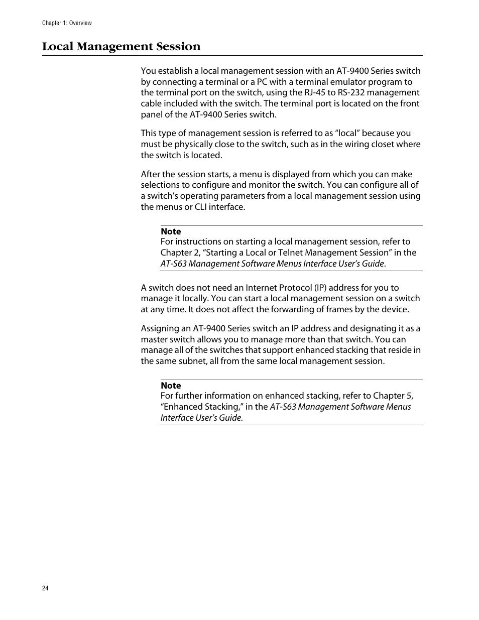 Local management session | Allied Telesis AT-S63 User Manual | Page 24 / 388