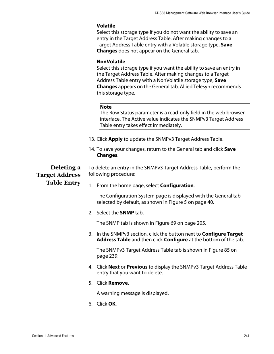 Deleting a target address table entry | Allied Telesis AT-S63 User Manual | Page 241 / 388