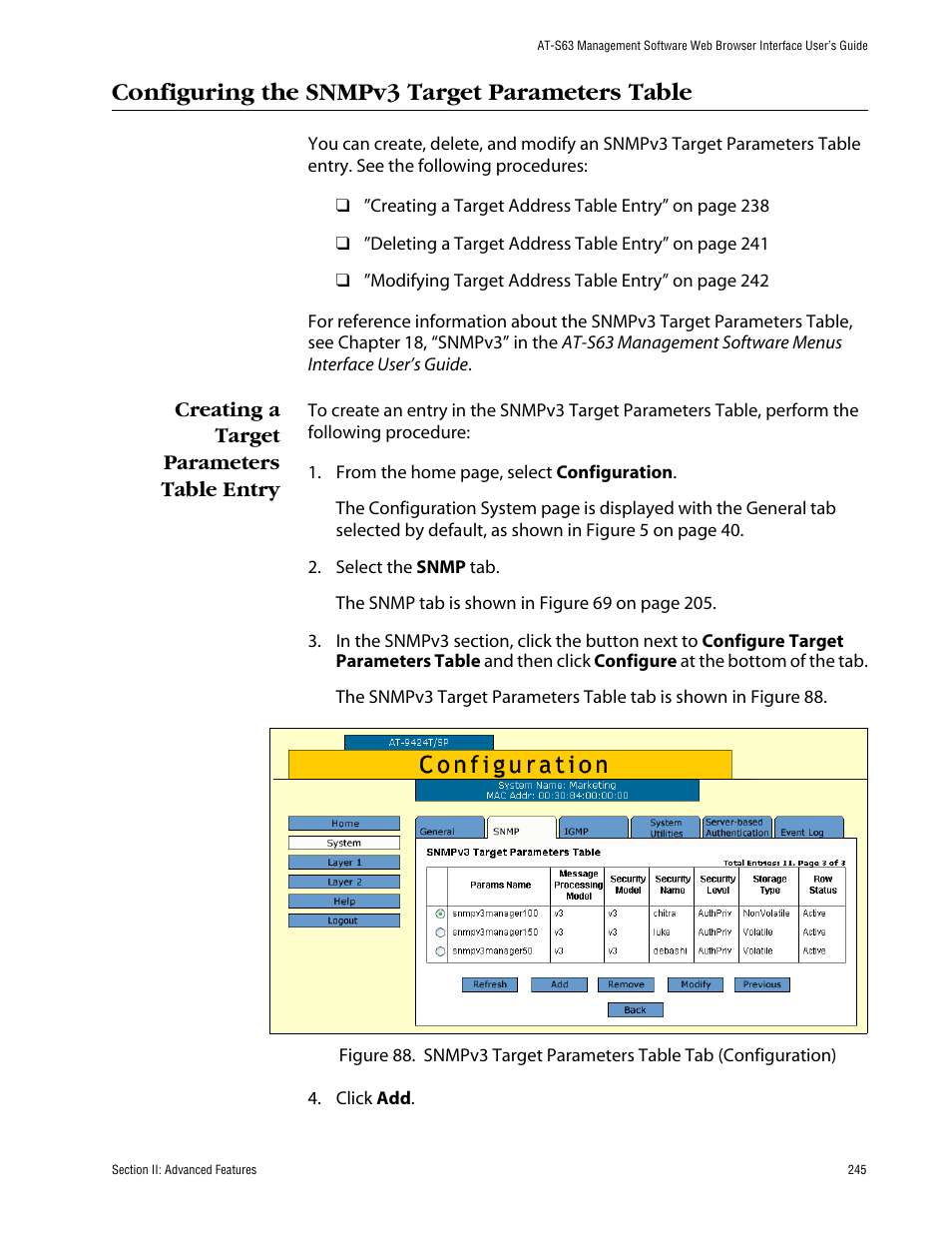 Configuring the snmpv3 target parameters table, Creating a target parameters table entry | Allied Telesis AT-S63 User Manual | Page 245 / 388
