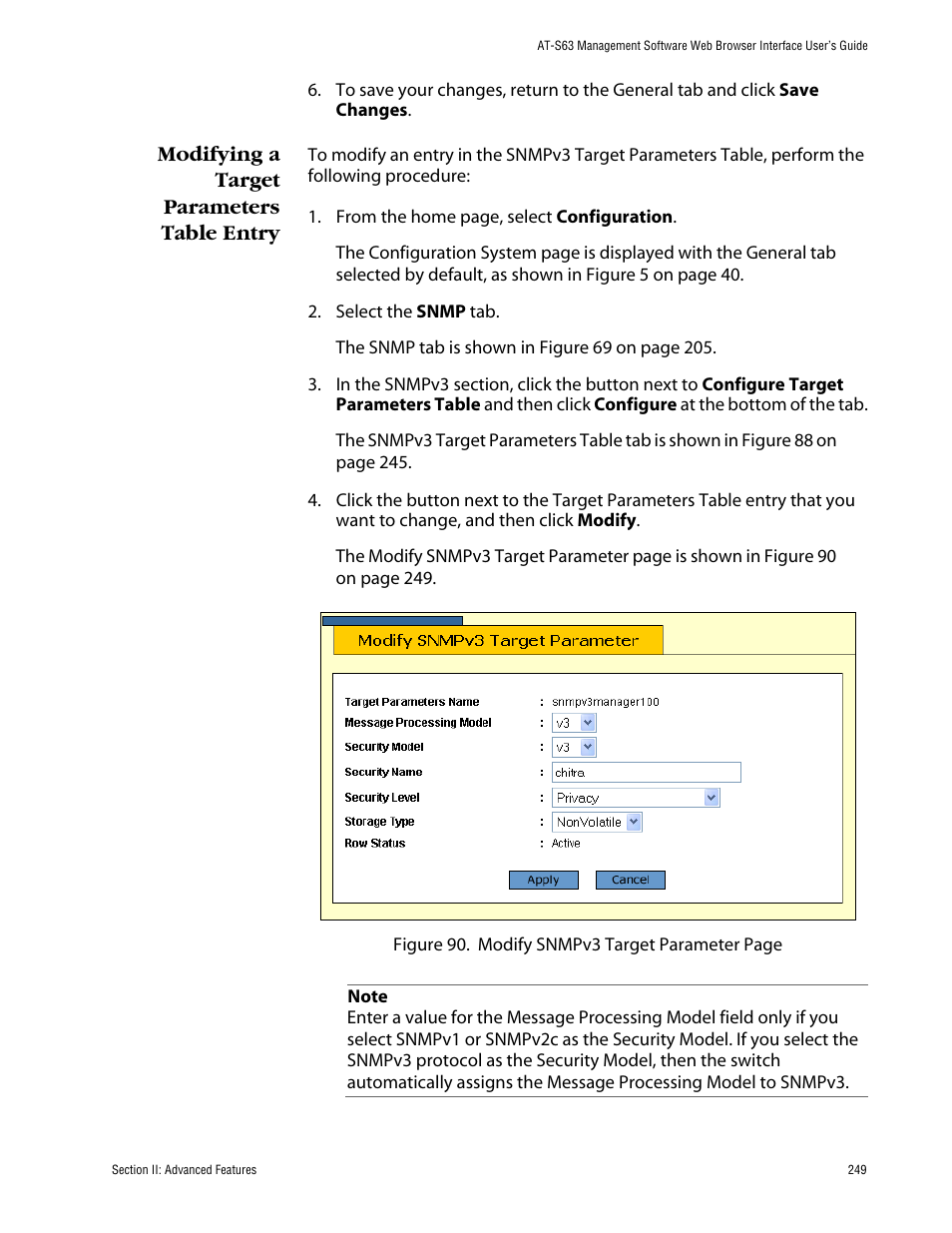 Modifying a target parameters table entry | Allied Telesis AT-S63 User Manual | Page 249 / 388
