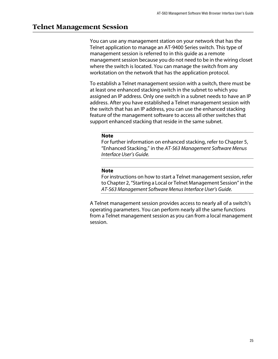 Telnet management session | Allied Telesis AT-S63 User Manual | Page 25 / 388