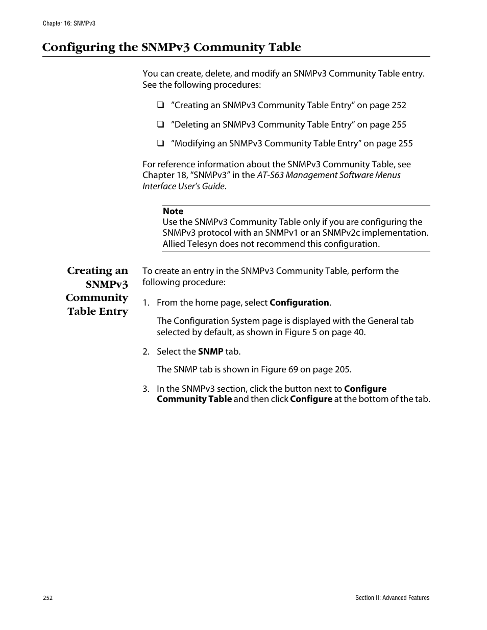 Configuring the snmpv3 community table, Creating an snmpv3 community table entry | Allied Telesis AT-S63 User Manual | Page 252 / 388