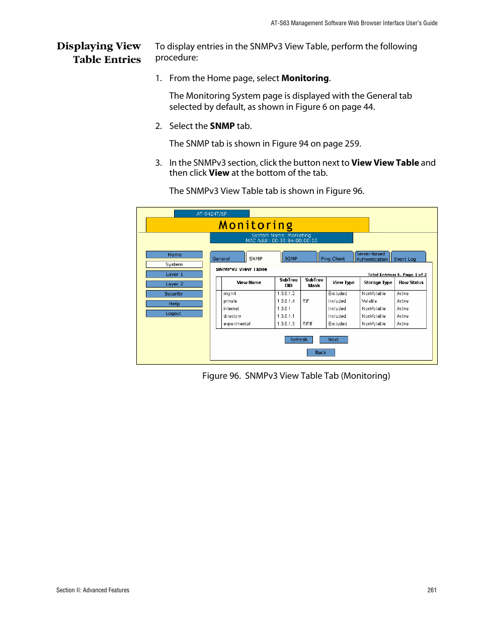 Displaying view table entries | Allied Telesis AT-S63 User Manual | Page 261 / 388