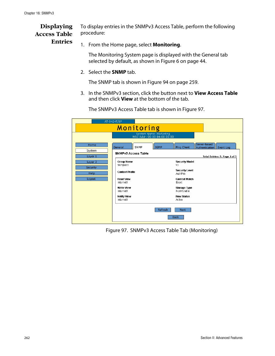 Displaying access table entries | Allied Telesis AT-S63 User Manual | Page 262 / 388