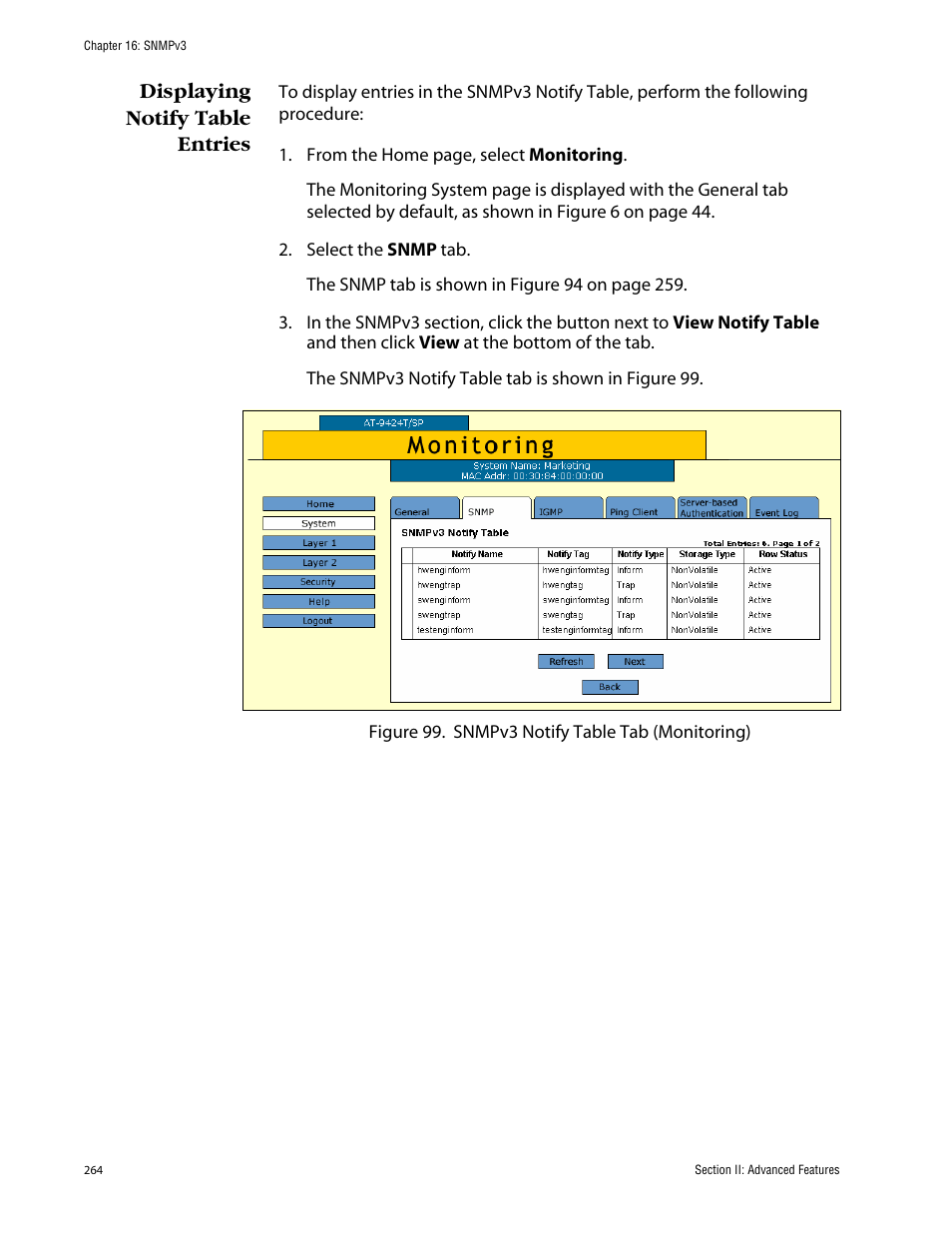 Displaying notify table entries | Allied Telesis AT-S63 User Manual | Page 264 / 388