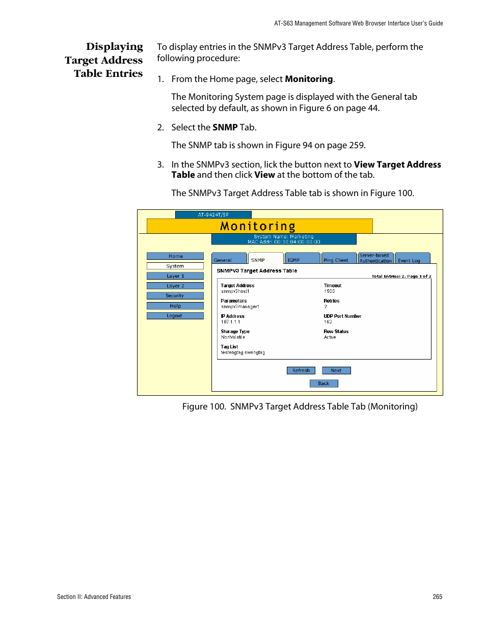 Displaying target address table entries | Allied Telesis AT-S63 User Manual | Page 265 / 388