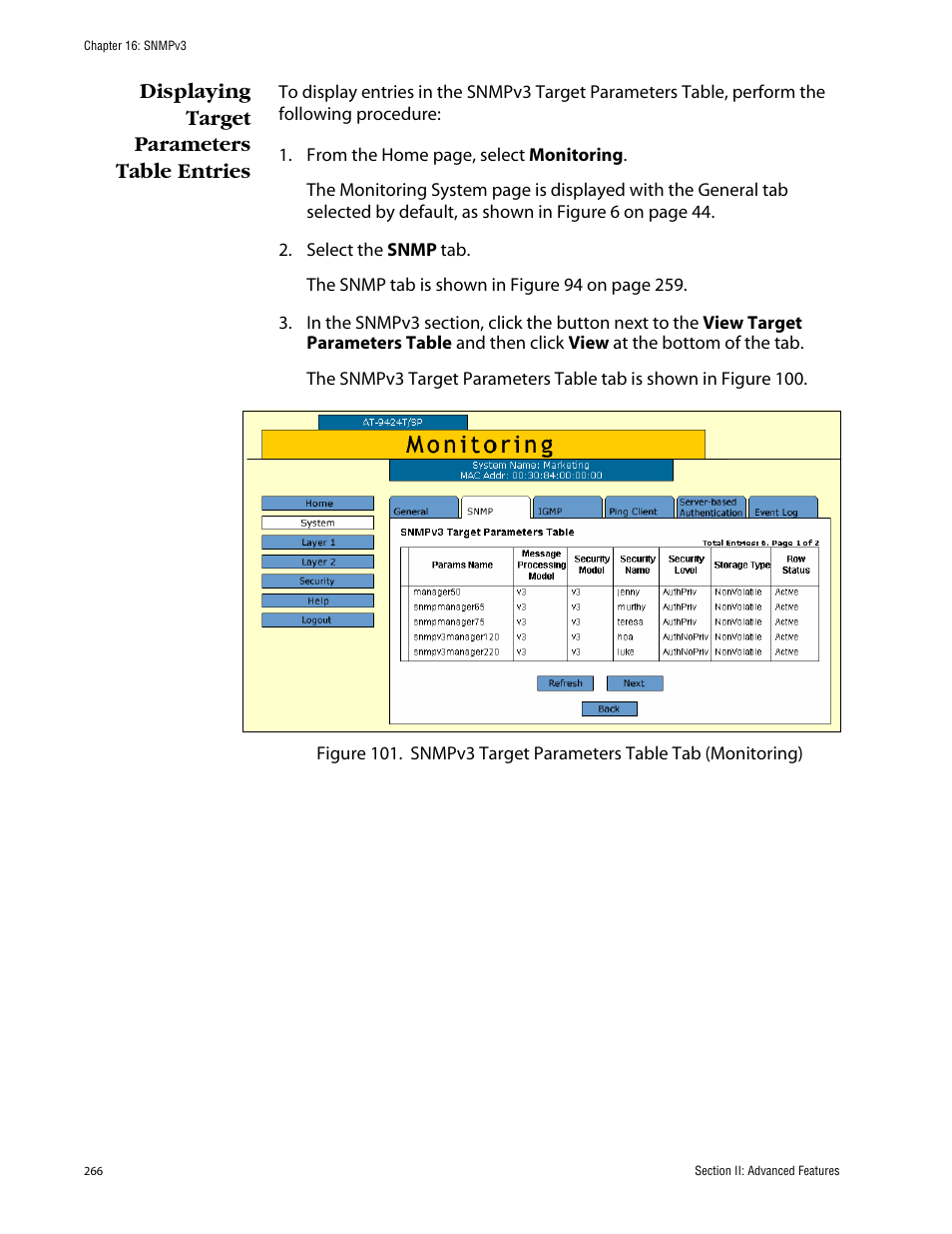 Displaying target parameters table entries | Allied Telesis AT-S63 User Manual | Page 266 / 388