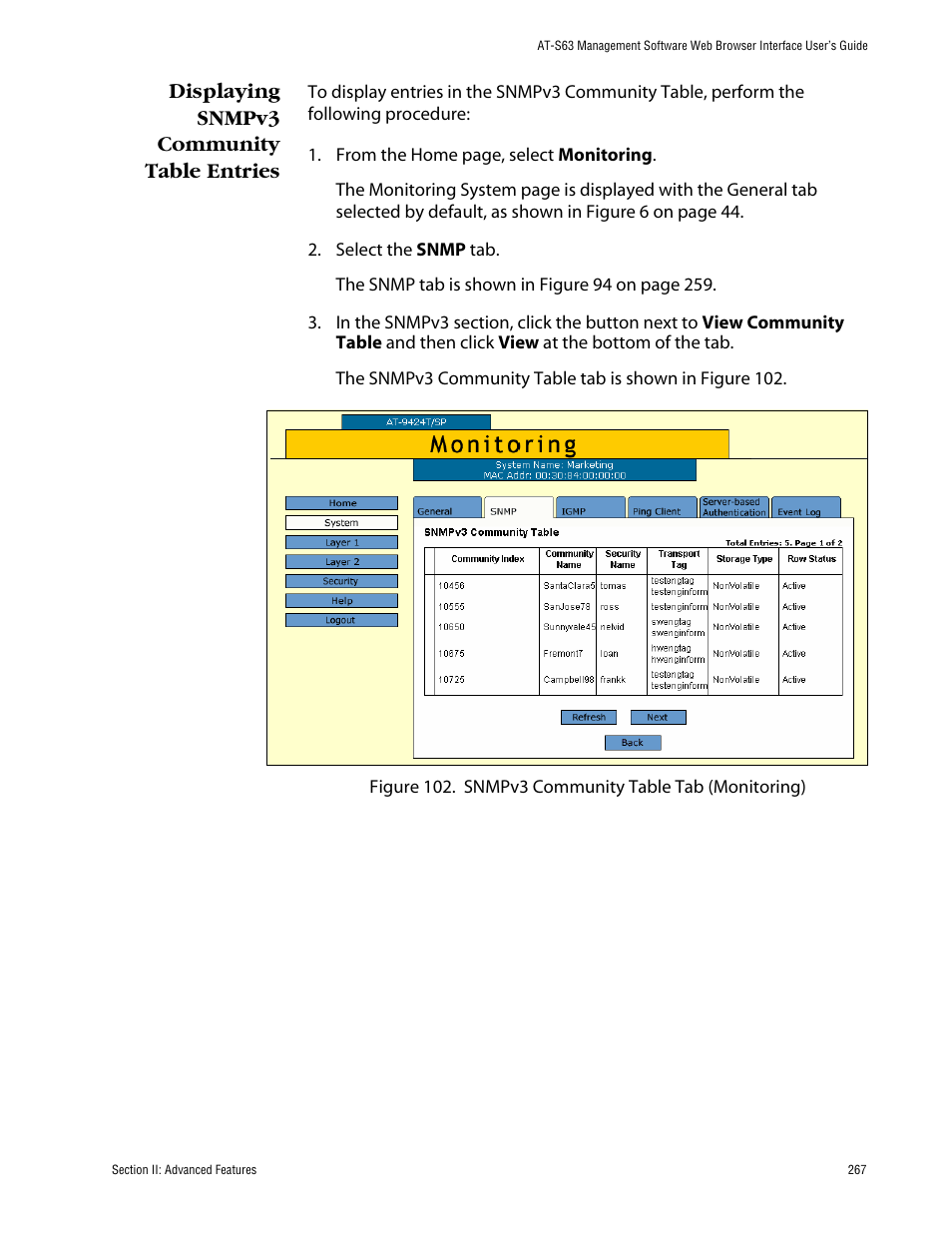 Displaying snmpv3 community table entries | Allied Telesis AT-S63 User Manual | Page 267 / 388