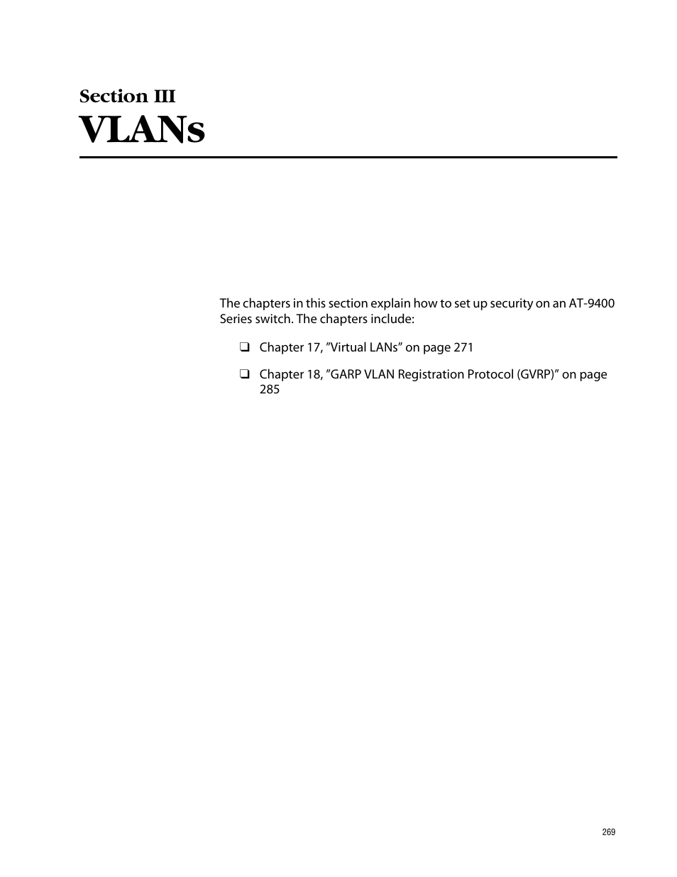 Vlans, Section iii vlans | Allied Telesis AT-S63 User Manual | Page 269 / 388