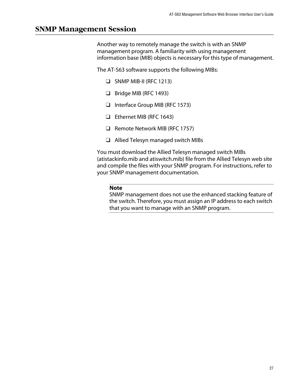 Snmp management session | Allied Telesis AT-S63 User Manual | Page 27 / 388
