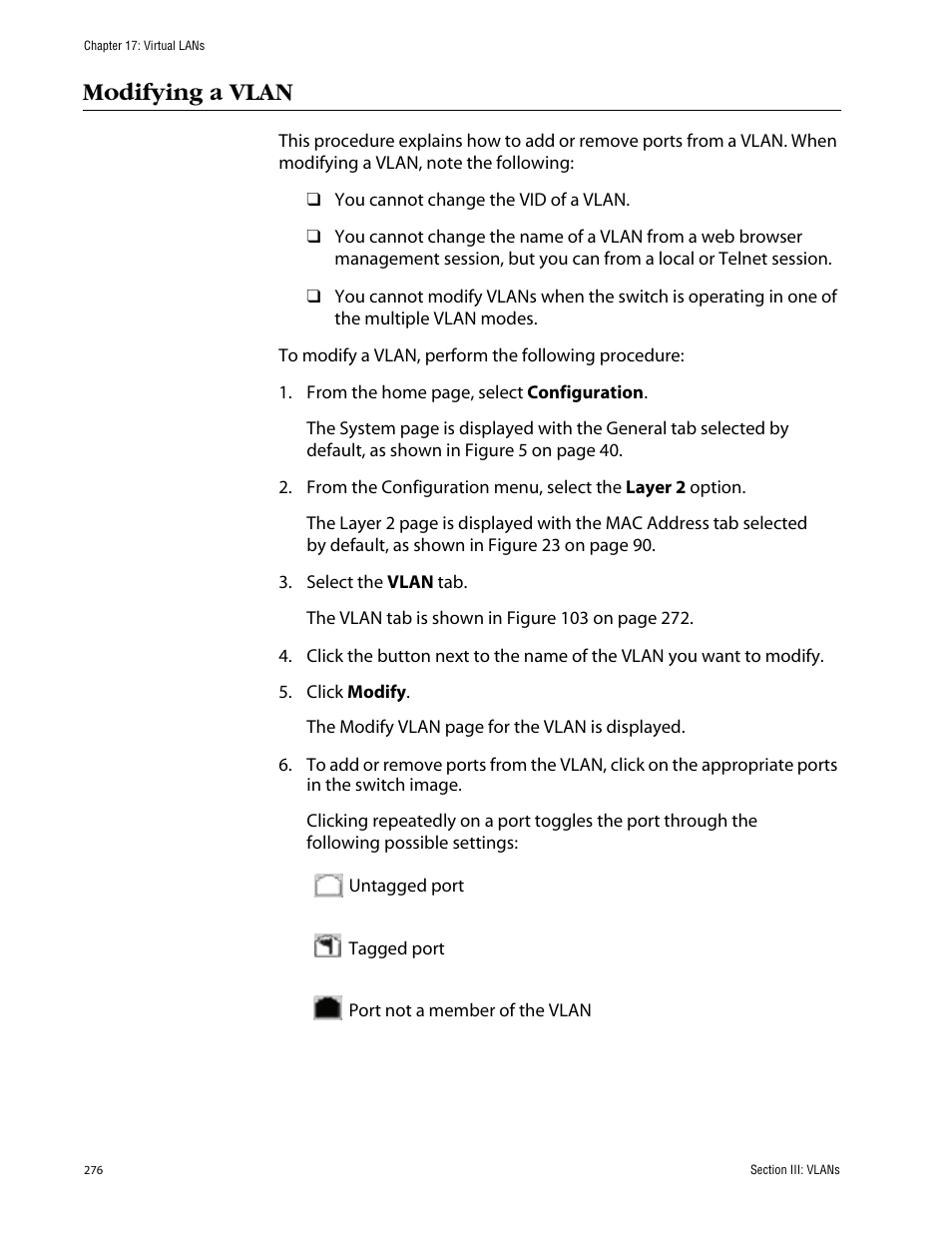 Modifying a vlan | Allied Telesis AT-S63 User Manual | Page 276 / 388