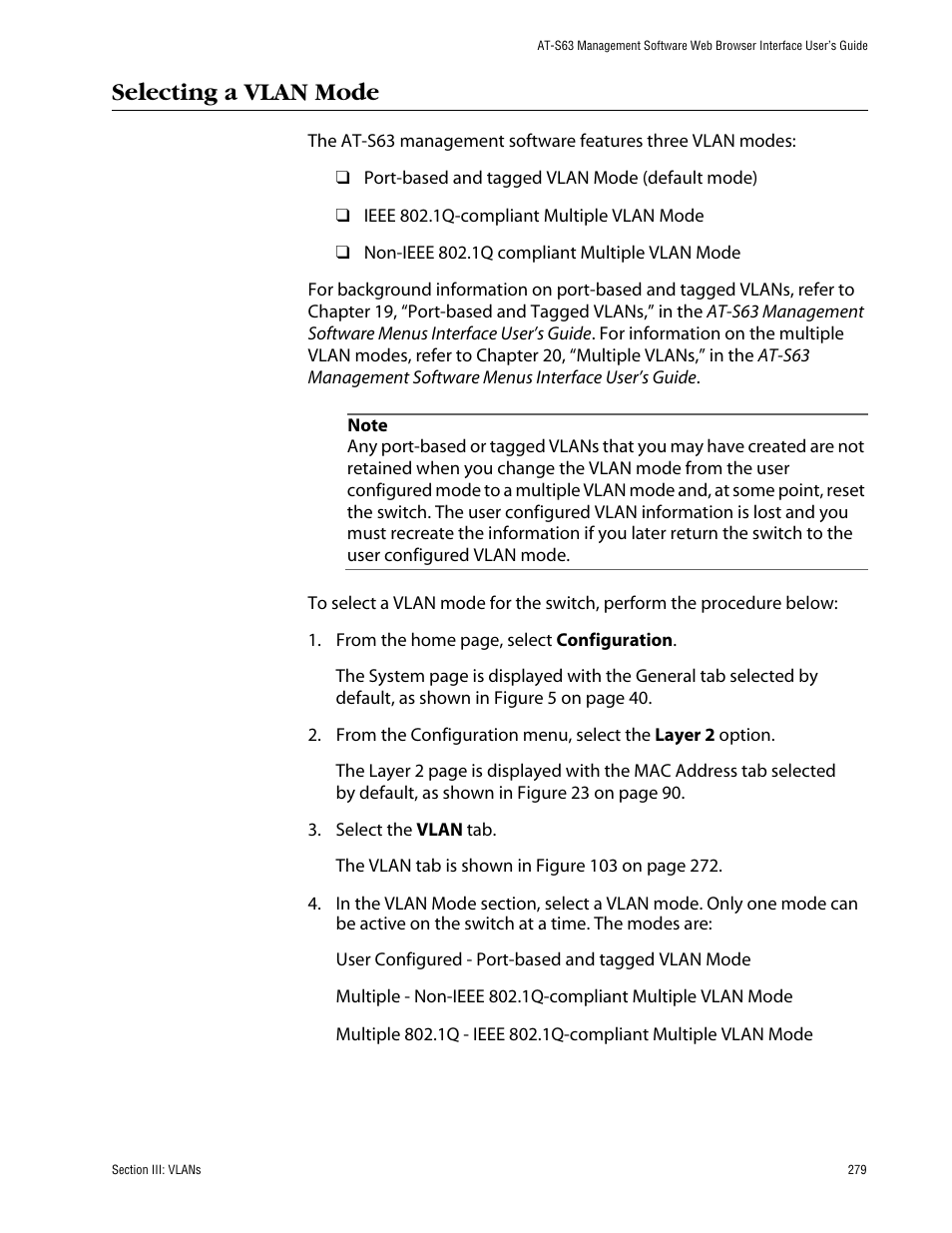 Selecting a vlan mode | Allied Telesis AT-S63 User Manual | Page 279 / 388