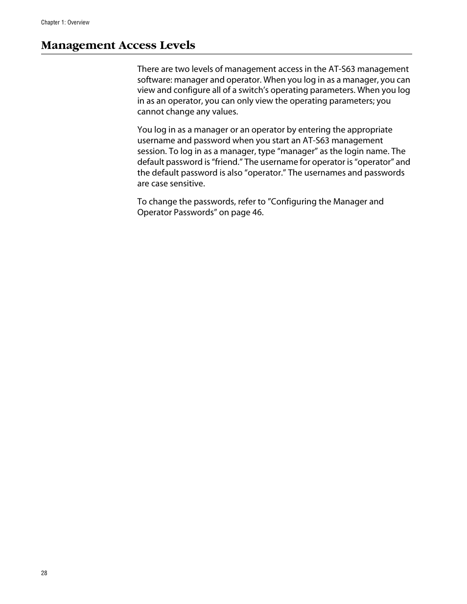 Management access levels | Allied Telesis AT-S63 User Manual | Page 28 / 388