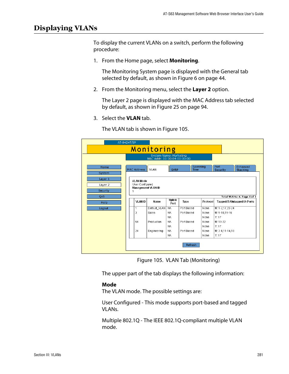 Displaying vlans | Allied Telesis AT-S63 User Manual | Page 281 / 388