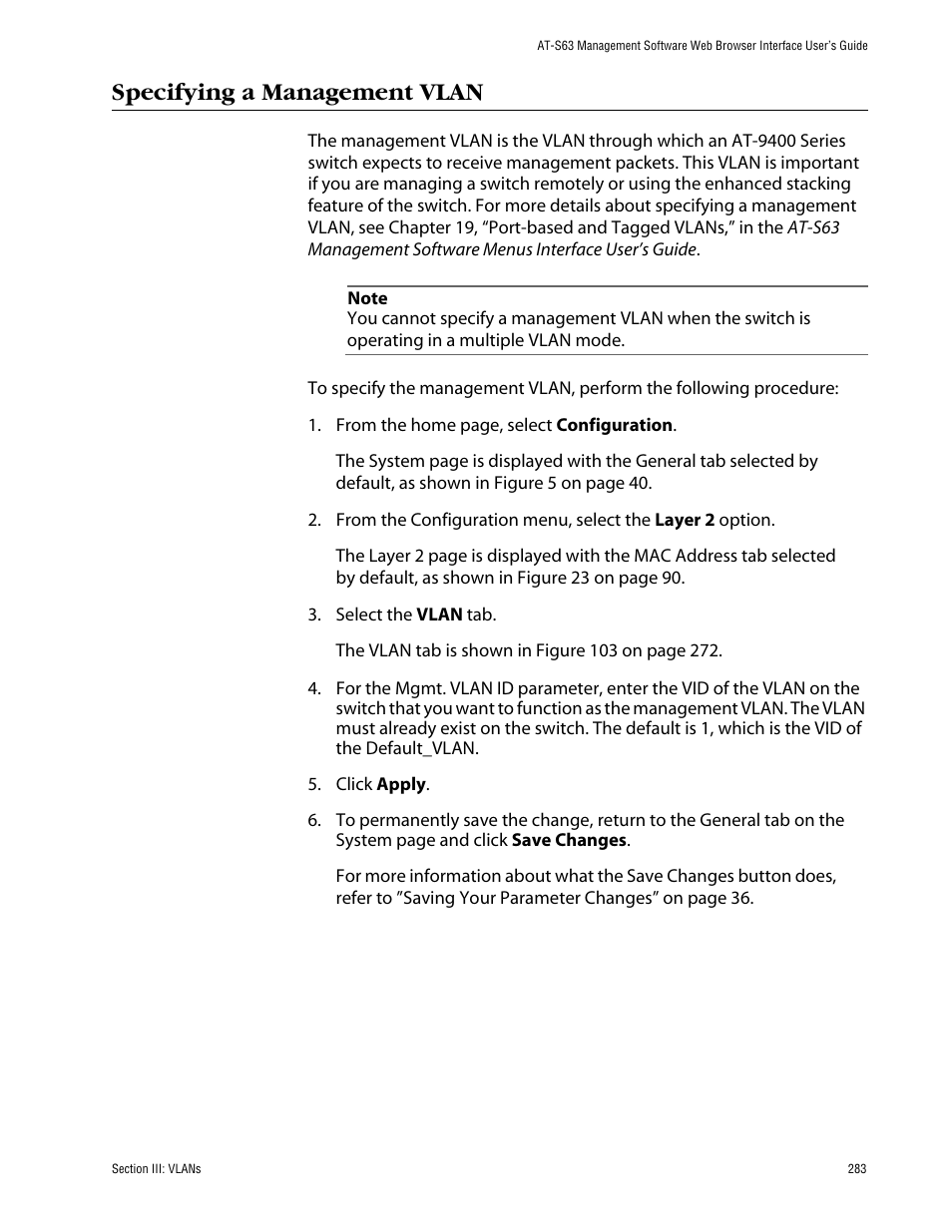 Specifying a management vlan | Allied Telesis AT-S63 User Manual | Page 283 / 388