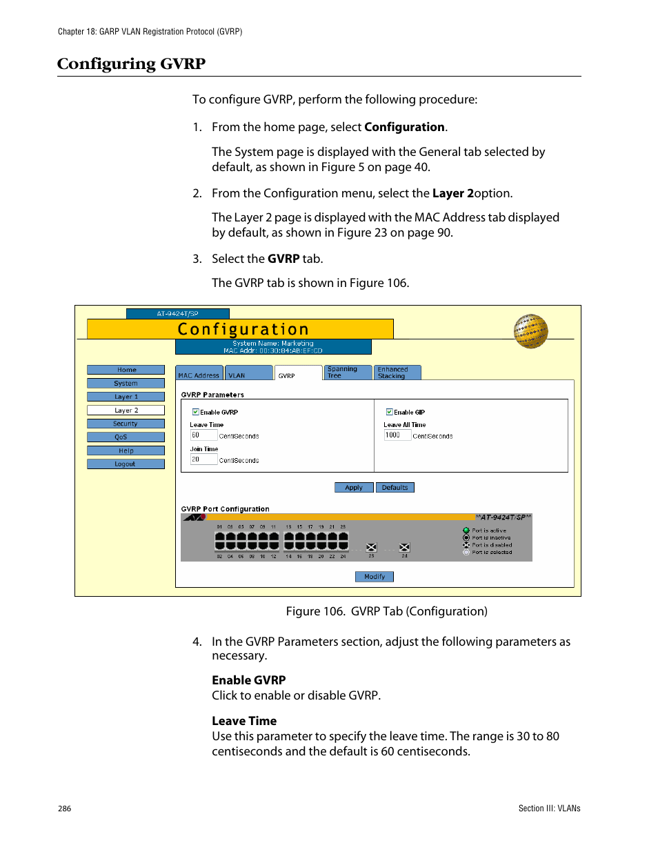 Configuring gvrp | Allied Telesis AT-S63 User Manual | Page 286 / 388
