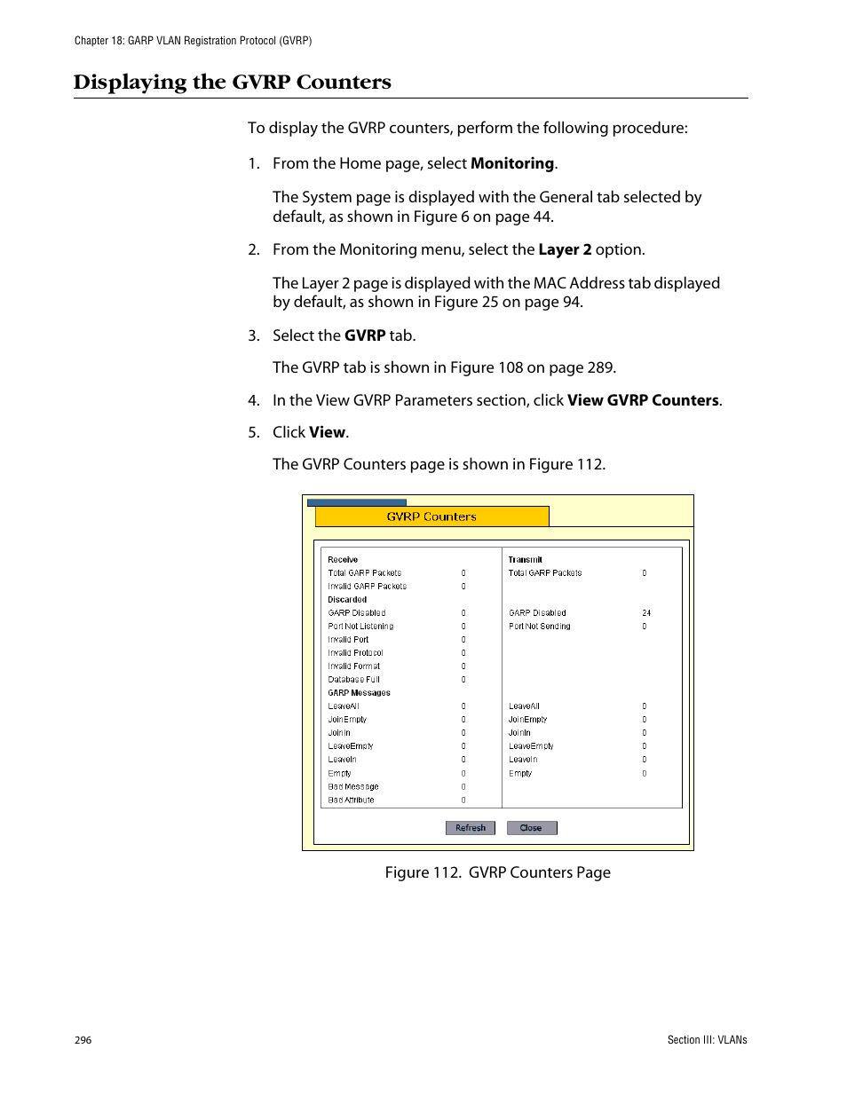 Displaying the gvrp counters | Allied Telesis AT-S63 User Manual | Page 296 / 388