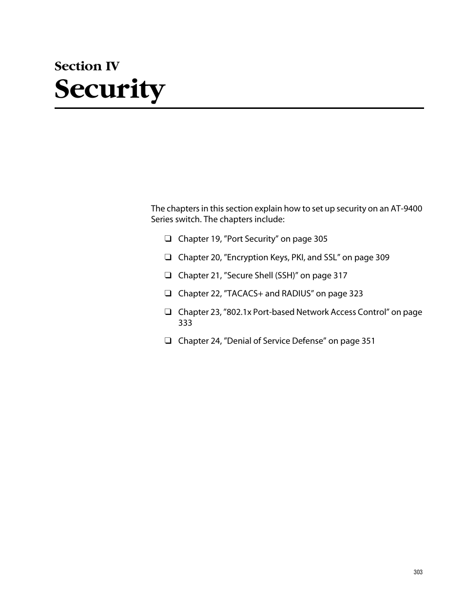 Security, Section iv security | Allied Telesis AT-S63 User Manual | Page 303 / 388