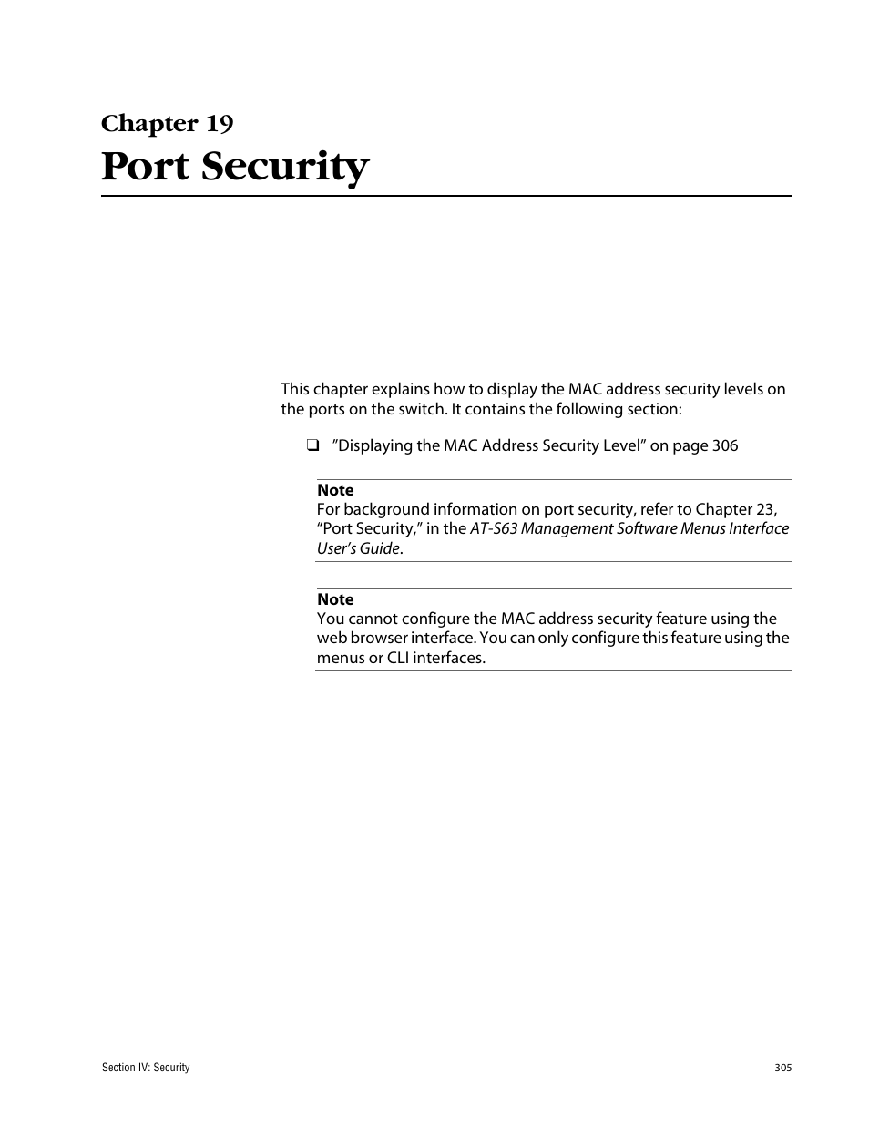 Chapter 19, Port security, Chapter 19 port security | Allied Telesis AT-S63 User Manual | Page 305 / 388