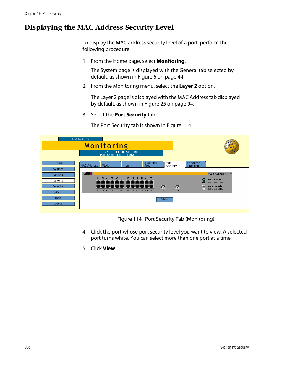 Displaying the mac address security level | Allied Telesis AT-S63 User Manual | Page 306 / 388