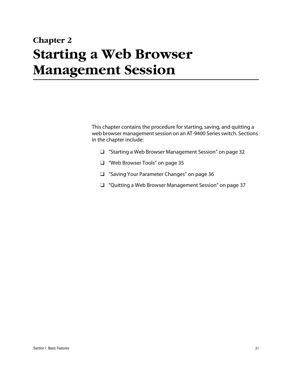 Chapter 2, Starting a web browser management session | Allied Telesis AT-S63 User Manual | Page 31 / 388