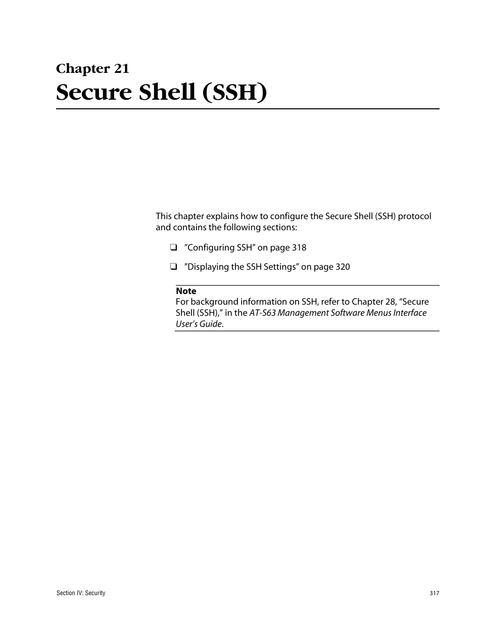 Chapter 21, Secure shell (ssh), Chapter 21 secure shell (ssh) | Allied Telesis AT-S63 User Manual | Page 317 / 388