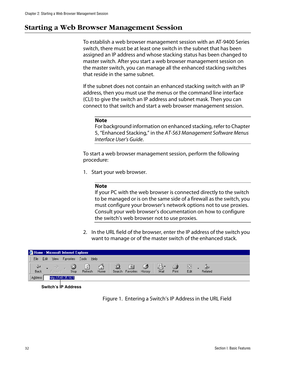 Starting a web browser management session | Allied Telesis AT-S63 User Manual | Page 32 / 388