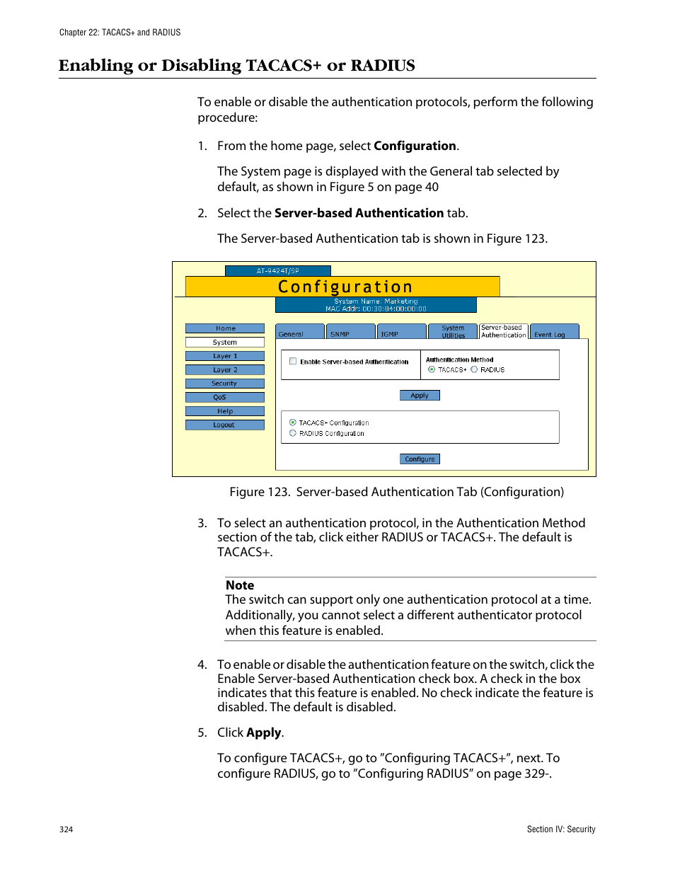 Enabling or disabling tacacs+ or radius | Allied Telesis AT-S63 User Manual | Page 324 / 388