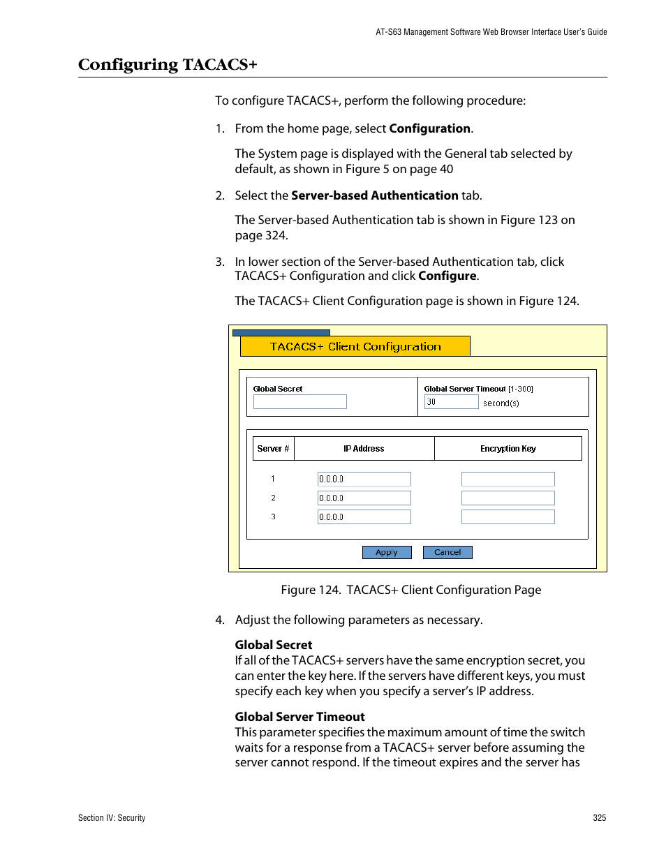 Configuring tacacs | Allied Telesis AT-S63 User Manual | Page 325 / 388