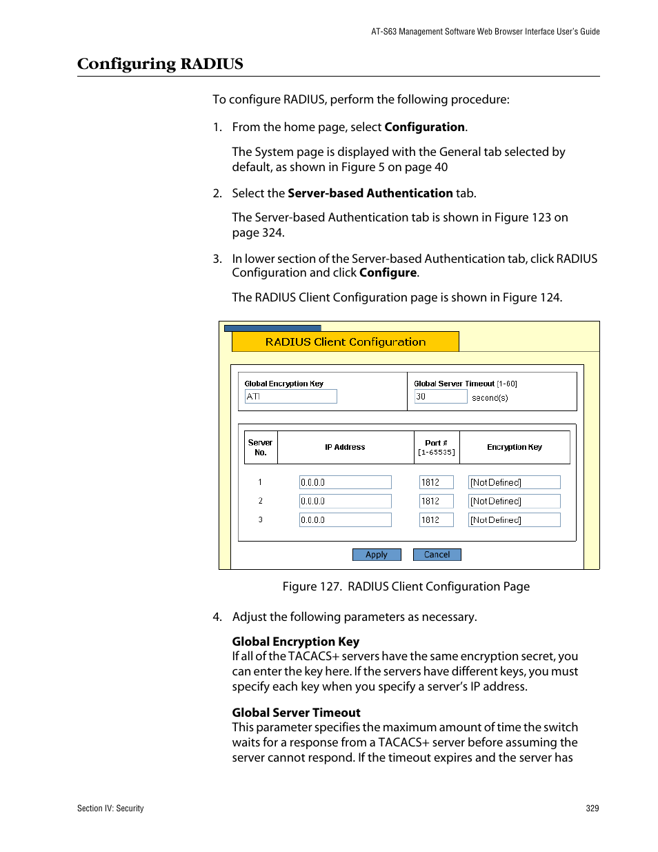 Configuring radius | Allied Telesis AT-S63 User Manual | Page 329 / 388