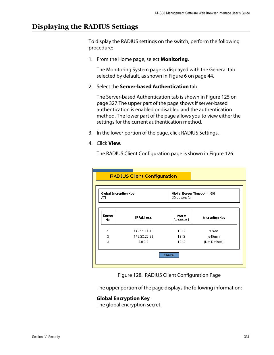 Displaying the radius settings | Allied Telesis AT-S63 User Manual | Page 331 / 388